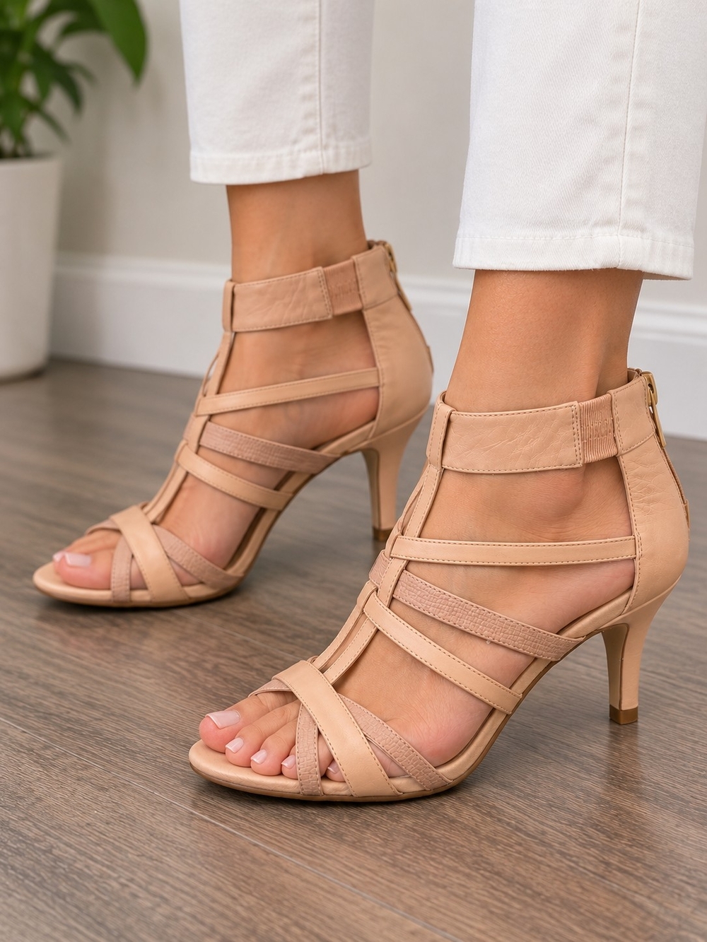 Nine West Blush Nude Leather Strappy High Heel Sandals - 7.5